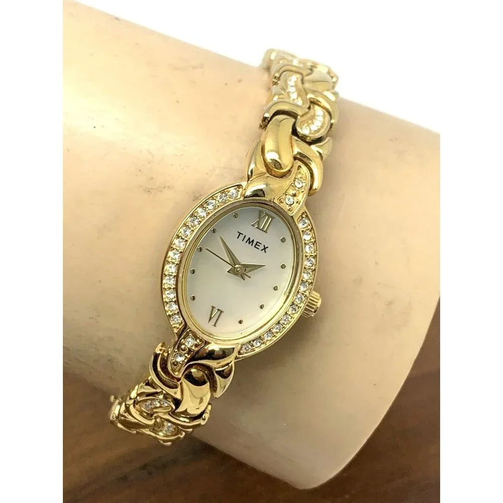 Timex Women's Watch TW2T49900 Oval Petite 19mm Quartz Mother of Pearl Gold Steel